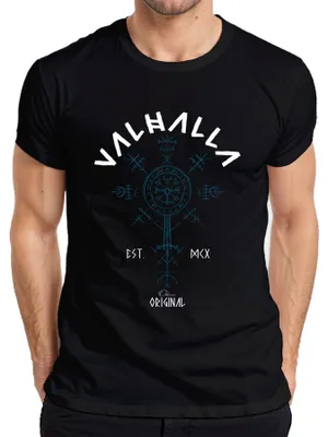 Zdjęcie produktu dla Valhalla Vegvisir Viking Nordic runes Odin symbol runiczny T-shirt męski, czarny, M
