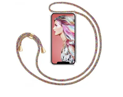 Immagine prodotto di Custodia per cellulare con tracolla a catena/cordoncino / Custodia a tracolla per diversi modelli di iPhone, tra cui iPhone 14 Pro, disponibile nei colori arcobaleno/oro
