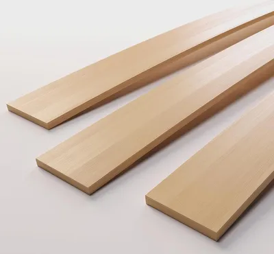 Three wooden slats are arranged diagonally on a white background.