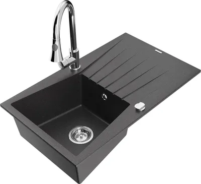 Produktbild von Mexen Cesar 1 Becken-Granitspüle mit Abtropffläche und Mischbatterie Elia, Schwarz gesprenkelt - 6514-76-670101-00