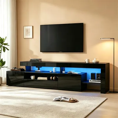 Immagine prodotto di MODFU Mobile TV, 192 x 37 x 53 cm, mobilett TV per televisori fino a 85 pollici, mobile TV nero con illuminazione LED, frontale lucido e 3 ante a ribalta
