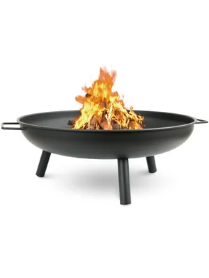 A black metal fire pit with a fire burning inside, set against a white background.