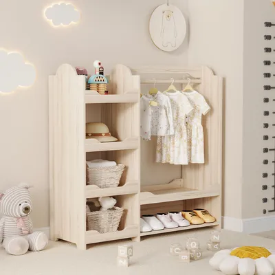 Zdjęcie produktu dla Szafa dziecięca Sweiko / szafa dziecięca z drążkiem na ubrania i 4 półkami, do przechowywania w pokoju dziecięcym, szafa stojąca z naturalnego drewna, 110x39x110 cm