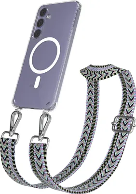 Produktbild von EAZY CASE - Handykette mit MagSafe Hülle für Samsung Galaxy S24 Plus, Handyband ZigZag Style,Karabiner Silber, Umhängeband in Lila