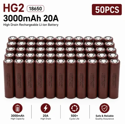 Produktbild von 18650 Li-Ion Akkus - Wiederaufladbares Akku Set 50 Stück - 3,7 V Spannung - 3000 mAh Kapazität - 20 A Hochstromzellen - Flat Top Für RC Drohnen Und Elektrowerkzeuge