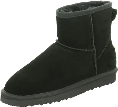 A black suede boot with a fluffy lining is shown against a white background.