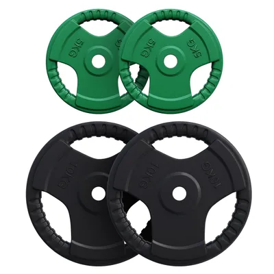 Produktbild von GORILLA SPORTS® Hantelscheiben - 30kg Set, 2x5kg + 2x10kg Gewichte, 30mm, aus Gusseisen mit Gummi Gripper - Gewichtsscheiben