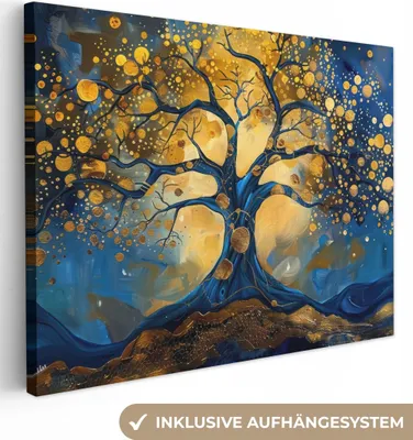 Zdjęcie produktu dla MuchoWow® - Obraz na płótnie - Drzewo - Drzewo życia - Niebieski - Złoty, fototapeta, dekoracja ścienna obrazy do salonu, 120x90cm