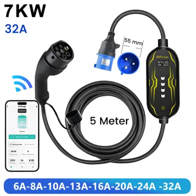 Productafbeelding van Draagbare laadkabel voor elektrische voertuigen, 7 kW, 6-32A, 1-fase, 5 meter, met Wi-Fi en Bluetooth, bediening via app voor CEE-adapter, LCD-scherm