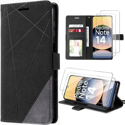 Image de Coque + 2 Verres Trempés pour Xiaomi Redmi Note 14 5G, Anti-Rayures Protection 360 Degré CuirPolyuréthaneNoir