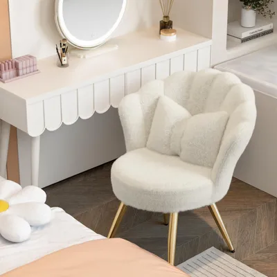 Produktbild von Hawthyhome Polsterstuhl Samt mit Kissen Schminktischstuhl gemütlicher Sitz mit Goldbeinen für Schlafzimmer & Wohnzimmer, Weiß