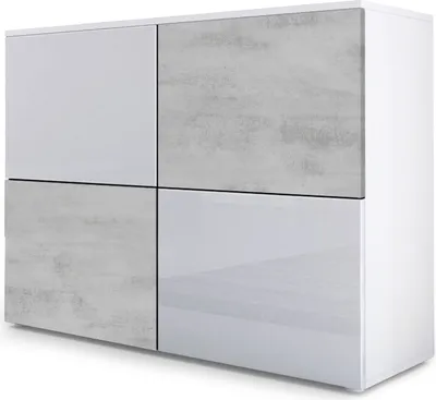 Produktbild von Vladon Sideboard Rova,  Germany, Kommode mit 4 Türen, Weiß matt/Weiß Hochglanz/Beton Oxid-Optik (92 x 72 x 35 cm)