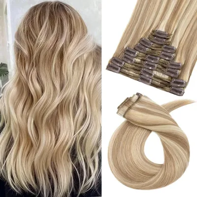 Produktbild von Clip in Extensions Echthaar Blond 60 cm Remy 170g 8 Tressen Balayage Hellbraun/Lichtblond