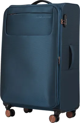 A teal suitcase with rose gold accents is shown against a white background.