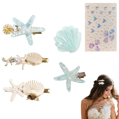 Meerjungfrau Haarschmuck 6er Set, Haarspangen & Gesichtsaufkleber, Blau-Gold