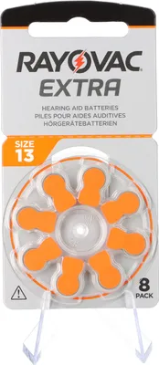 A package of Rayovac Extra hearing aid batteries.