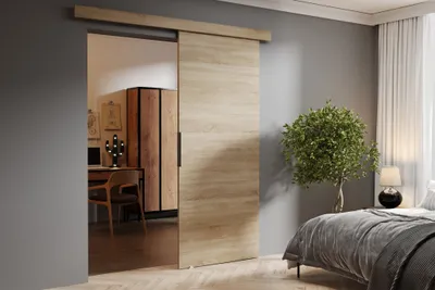 A sliding door in a bedroom, separating it from a home office.