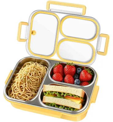 Produktbild von Lunchbox mit 3 Fächern, Bento-Box für Kinder, 1000 ml Edelstahl-Lunchbox, Essensbox für Erwachsene, spülmaschinenfest, BPA-frei und wiederverwendbar.