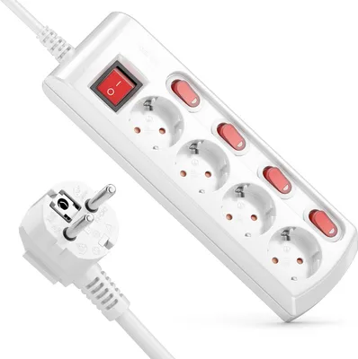 Produktbild von deleyCON 4 Fach Steckdosenleiste Einzeln Schaltbar 3,0m Kabel (4x Ein/Aus Schalter und 1x Hauptschalter) Strom Stromleiste Mehrfachsteckdose mit Kindersicherung - Weiß