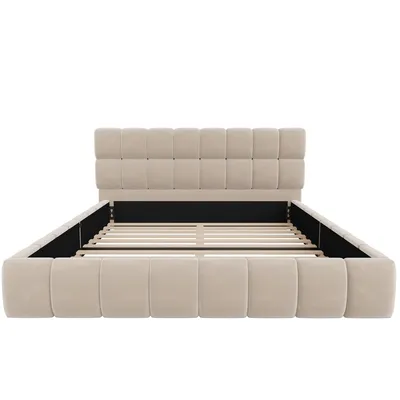Produktbild von Flieks Polsterbett 140x200cm mit Lattenrost, Jugendbett Doppelbett mit gepolstertem Kopfteil, Kinderbett Holzbett mit Polsterumrandung, Samt, Beige