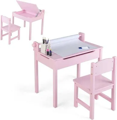 Imagen del producto de Escritorio infantil con silla - Rosa - Mesa plegable - Soporte para rollos de papel - Para niños a partir de 3 años