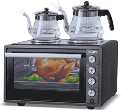 Produktbild von ICQN 42 Liter Minibackofen mit Kochplatten, 3800 W, Umluft, Pizza-Ofen, Doppelverglasung, Drehspieß, inkl. Backblech Set, Elektrischer Mini Ofen, 40°-230°C, Emailliert, Anthrazit