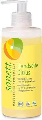 Produktbild von Sonett Handseife Citrus 300 ml, Hände & Körper, Flüssigseife, Pumpenflasche, Zitrus, Aqua, Potassium Olivate*, Potassium Cocoate*, Coco Glucoside, Lauryl Glucoside, Alcohol denat.,..., Milde und pflegende Seife für Hände, Gesicht und den ganzen Körper. Zum Händewaschen in...