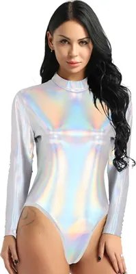 Produktbild von Damen Metallic Body Gr. M Rollkragen Langarmige Body Glänzend Top Shirt Trikot Leotard Tanz-Kostüm