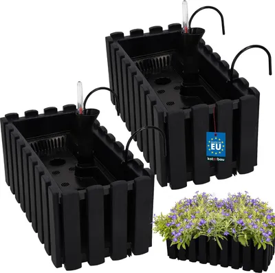 Produktbild von KOTARBAU® 2er Set Blumenkasten Balkon Blumentopf Selbstbewässernd 38x18x16cm Anthrazit Kunststoff Blumentopf Balkongeländer Bewässerungssystem Blumenkastenhalterung Pflanzkübel Groß Außen