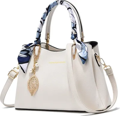 Produktbild von MODFU Handtaschen, Damen Handtasche Set, Schultertasche, Umhängetasche mit Blauem Seidenschal, Elegant & Vielseitig, Groß & Geräumig, Alltag, Büro, Shopping, Reisen, Weiß