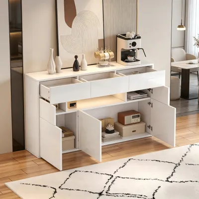 Produktbild von STILVORA Sideboard Wohnzimmerschrank mit 3 Schubladen und 5 Schränken,Hochglanz-Kommode mit LED-Lichtleiste,Beistellschrank mit 5 Metallbeinen,weiß
