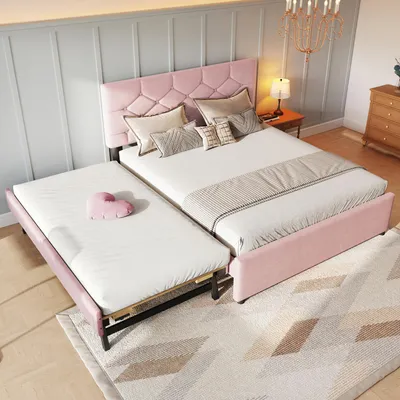 Produktbild von okwish Polsterbett 140x200 mit Lattenrost und Stauraum,Doppelbett mit ausziehbarem Rollbett,Jugendbett mit MDF-Rahmen,Flanellbezug und Knopf-Kopfteil,ohne Matratze,Rosa