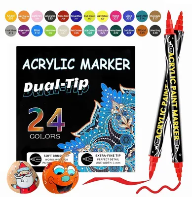 Obrázek produktu pro Sada akrylových fixů, 24 barev, s dvojitou špičkou (štětec a jemná špička), voděodolná