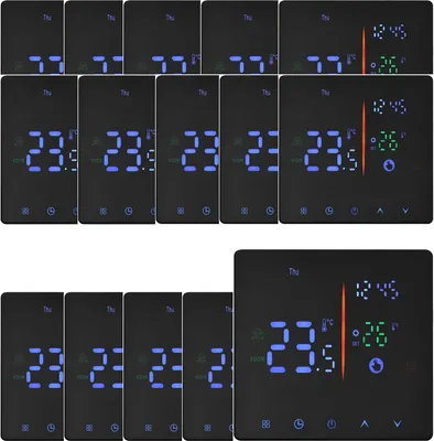 A collage of digital thermostats displaying temperature and time.