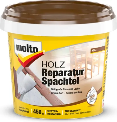 Produktbild von Molto Holz Reparatur Spachtel, Grau/Weiß, 0,45 kg, Spachtel, 1,8 g/cm³, 10 °C, 21 °C