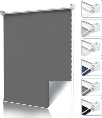 A dark gray roller blind is shown, partially unrolled to reveal a silver lining. To the right, a series of smaller images show different color options of the roller blind mechanism.