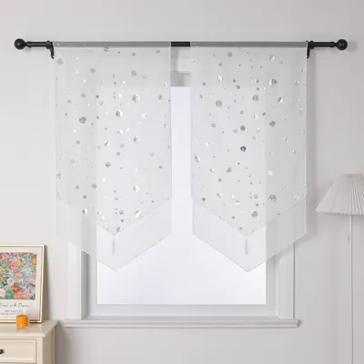 Produktbild von Scheibengardine Bistrogardine Stangendurchzug mit Glänz Kreise halbtransparent Voile Küche Gardine BxL 40x90 cm Silber 1 Stück
