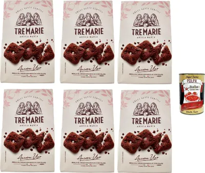 Produktbild von Tre Marie Ancora Uno Frolla al Cacao con Gocce di Cioccolato Kekse Kakao Kekse mit Tropfen aus Dunkler Schokolade Biscuits 6x 315g Packung + italian Gourmet polpa 400g