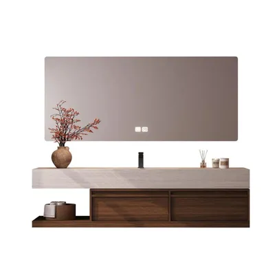 Produktbild von Möbel-Waschbecken - Sinterstein - Waschtischmöbel, Waschbecken mit Unterschrank, Wandspiegel, Spüle mit Armaturenloch 120cm 【RW016-120】