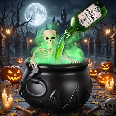 Halloween Heksenketel mit Nebel, Licht & schwebender Flasche