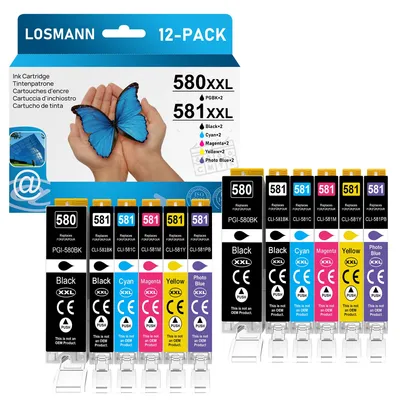 Produktbild von LOSMANN Druckerpatronen Kompatibel für Canon PGI-580 XXL CLI-581 XXL für Pixma TS6350 TS6150 TS8150 TS8250 TS6250 TS705 TS705a TS8151 TS6151 TS8152 TS9150 TS9155 TS9550 TR7550 TR8550 (12er-Pack)