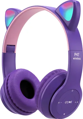 Zdjęcie produktu dla Słuchawki Dla Dzieci Bluetooth Kocie Uszy Kot Led Rgb Nauszne Mikrofon Fioletowe