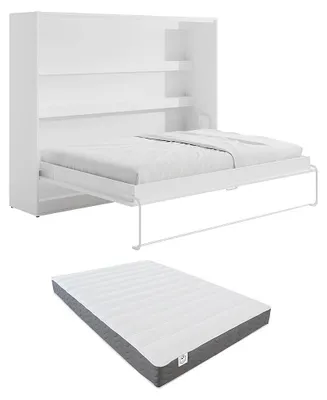 Produktbild von Versteckbett 140 × 200 cm - Horizontale manuelle Öffnung - LED-Beleuchtung - Weiß + Matratze - RAPILI