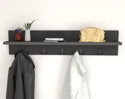 Zdjęcie produktu dla Wieszak ścienny z półką, 10 haczyków, 80 cm, antracyt, MDF