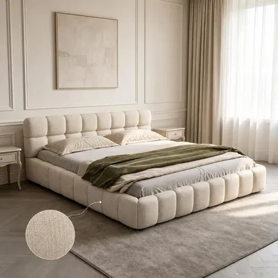 Productafbeelding van INONEFT Bubble Bett, gestoffeerd bed 140x190cm, tweepersoonsbed met gestoffeerd hoofdeinde, kinderbed met lattenbodem en rugleuning, laag bed, linnen, beige