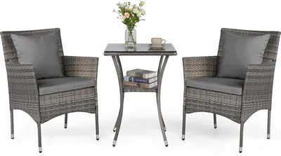 Immagine prodotto di COSTWAY Set di mobili da giardino in polyrattan 3 pezzi con tavolo in vetro e cuscini, set di mobili in rattan, set di sedute, set da balcone, set da terrazza, set da giardino, grigio