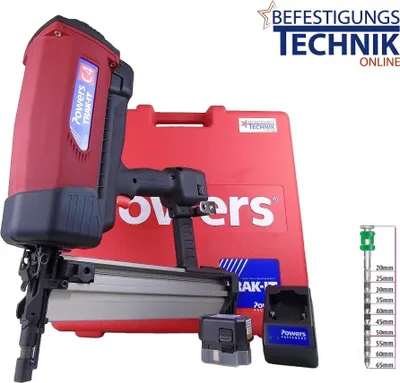 A nail gun kit with its case and accessories.