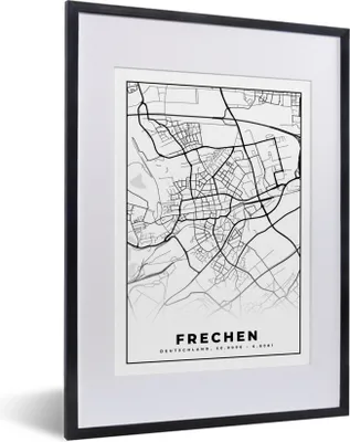 Produktbild von MuchoWow® Gerahmtes Poster Karte - Frechen - Stadtplan 30x40 cm - Poster mit Schwarzem Bilderrahmen Wandposter Rahmen Foto Bilder - Wandposter Schlafzimmer