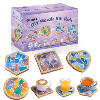 Immagine prodotto di Kit per mosaico, 4 sottobicchieri in legno, ideale per bambini dai 4 anni in su, fai da te