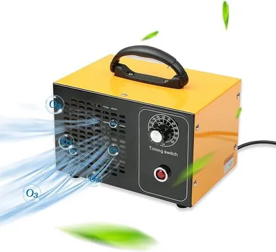 A yellow and black ozone generator is shown against a white background with stylized green leaves and blue air currents indicating its function.